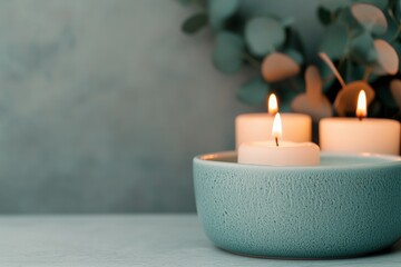 Poster - Burning candles creating relaxing ambiance in spa setting with eucalyptus