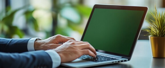 Poster - A professional typing on a laptop with a plant in the background.