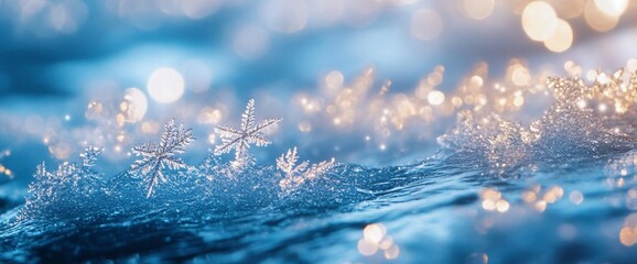 Aufkleber - A serene winter scene with snowflakes and shimmering light on water.