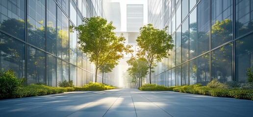 Poster - A serene urban walkway lined with trees and glass buildings, bathed in sunlight.