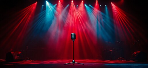 Poster - A spotlighted microphone on stage, surrounded by colorful lighting effects.