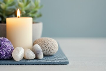 Poster - Yoga mat with burning candle, crystals and stones creating a calm atmosphere for mindfulness practice