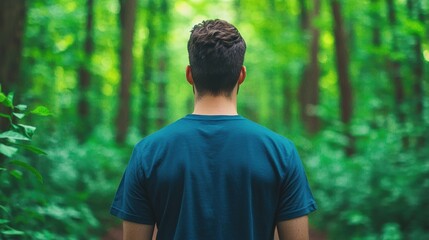 Poster - Young man enjoying nature walk on forest trail, grounding lifestyle