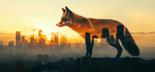 Poster - A surreal fox silhouette against a city skyline at sunset.