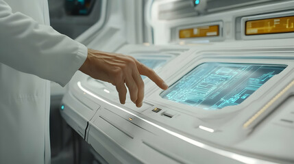 Poster - Scientist's hand interacting with futuristic control panel.