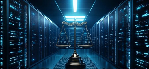Poster - A symbolic balance scale in a futuristic server room.