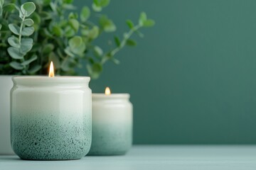 Aufkleber - Burning ceramic candles creating relaxing spa ambiance on teal background