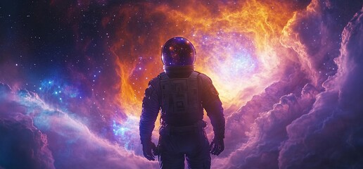 Poster - An astronaut gazes into a vibrant cosmic nebula, exploring the universe.