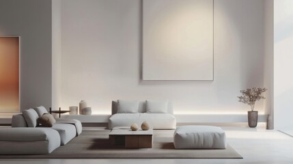 Sticker - A sleek and serene living room design with a white canvas backdrop, strategically placed minimal furniture, Modern minimalist style