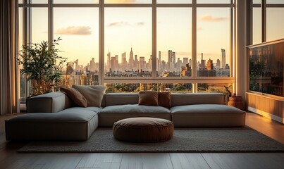 Aufkleber - Cozy living room with modern furniture and a city skyline view at sunset.