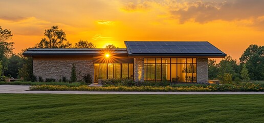 Aufkleber - Modern building with solar panels at sunset, surrounded by greenery.