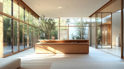 Poster - Modern interior space with large windows and wooden furnishings.