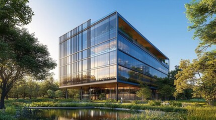 Poster - Modern glass building surrounded by greenery and water, showcasing sustainability.