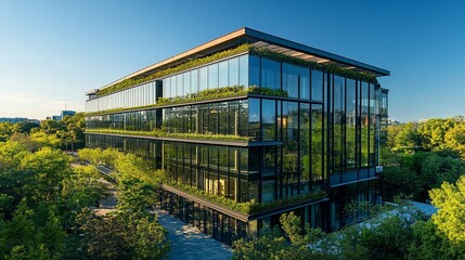 Poster - Modern glass building surrounded by greenery and trees under a clear sky.