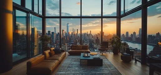 Sticker - Modern living room with panoramic city skyline at sunset.