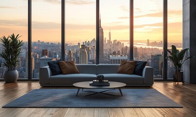 Poster - Modern living room with a stunning city view at sunset.