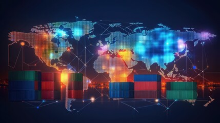 Poster - Global Trade Network with Shipping Containers and Colorful Map