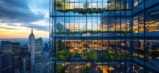 Poster - Modern office building with greenery and city skyline at sunset.