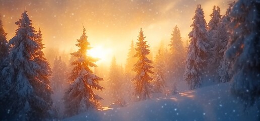 Poster - Serene winter landscape with snow-covered trees and a glowing sunrise.