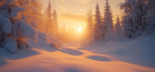 Aufkleber - Serene winter landscape with snow-covered trees and a glowing sunset.