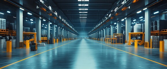Leinwandbilder - Spacious industrial warehouse with organized shelving and clear pathways.
