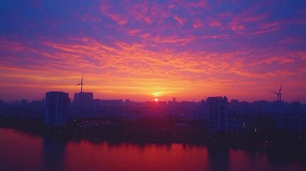 Poster - Vibrant sunset over a city skyline with wind turbines and a reflective water body.