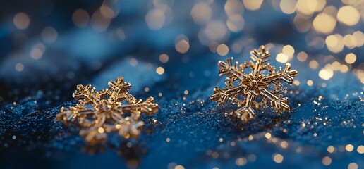 Poster - Two golden snowflakes on a shimmering blue background.