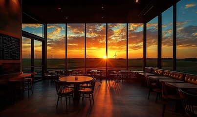 Aufkleber - Sunset view from a restaurant with large windows and wooden furniture.
