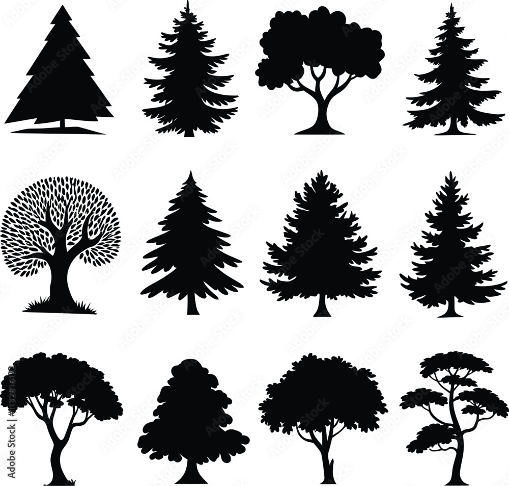 silhouette tree line drawing set, Side view, set of graphics trees ...