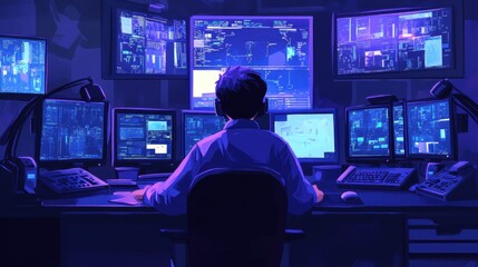 Poster - High-Tech Control Room with Multiple Monitors Displaying Data Insights