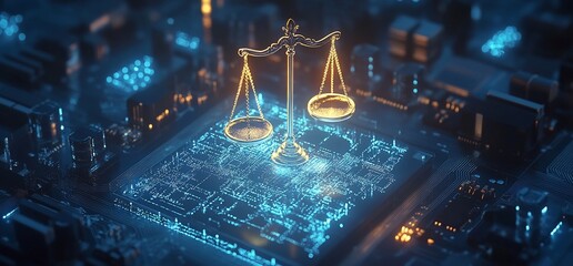 Poster - A digital representation of scales symbolizing justice on a circuit board.