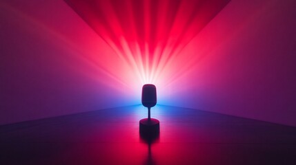 Poster - A dramatic microphone illuminated by vibrant red and blue lights.