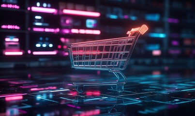 Poster - A glowing shopping cart icon against a futuristic digital backdrop.