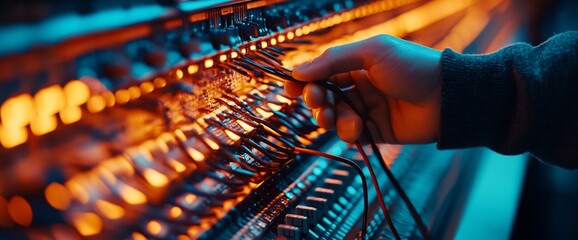 Poster - A hand connecting cables on a sound mixing console with glowing lights.