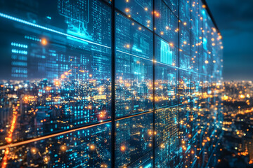 Poster - Futuristic cityscape at night viewed through a large digital display showing data streams and graphs.