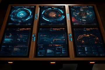 Poster - Futuristic control room with six large screens displaying data.