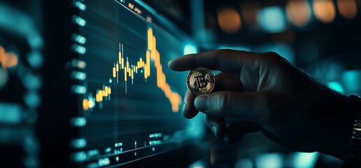 Poster - A hand holding a coin in front of a digital trading chart.