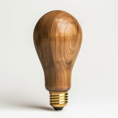 Poster - wooden light bulb with golden screw cap standing on a white background, representing green energy, i