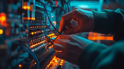 Poster - A person adjusting wires on a complex electronic device with glowing lights.