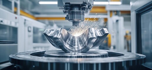 Poster - A precision machining process with sparks flying from a metal workpiece.