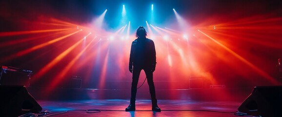 Aufkleber - A silhouetted performer stands on stage amidst vibrant lights and colors.