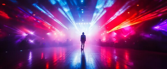 Aufkleber - A silhouetted figure stands amidst vibrant concert lights and reflections.