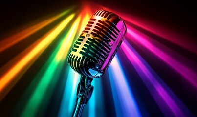 Aufkleber - A vintage microphone illuminated by vibrant, colorful lights.