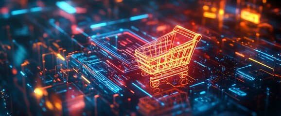Poster - Digital shopping cart illustration in a futuristic tech environment.