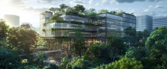 Poster - Modern building integrated with greenery, promoting sustainability and innovation.