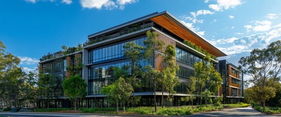 Poster - Modern architectural building with greenery and large glass windows.