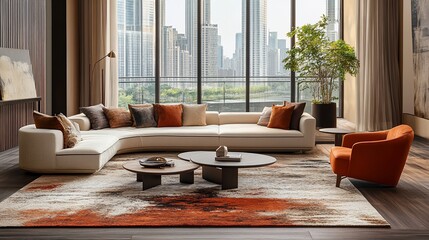 Poster - Modern living room with a stylish sofa, coffee table, and city view.
