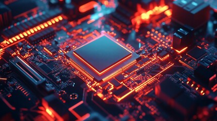 Poster - A close-up view of a glowing circuit board with intricate electronic components.