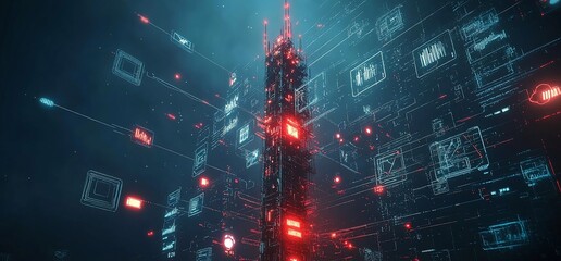 Poster - A futuristic digital tower surrounded by glowing data elements and grids.