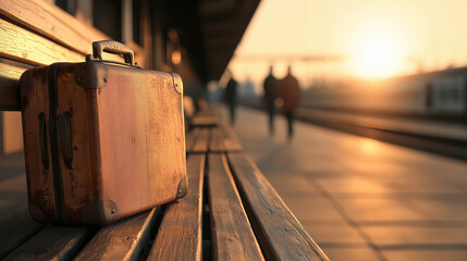 Vintage suitcase on a wooden bench bathed in warm sunlight at a train station, evoking feelings of wanderlust and nostalgia